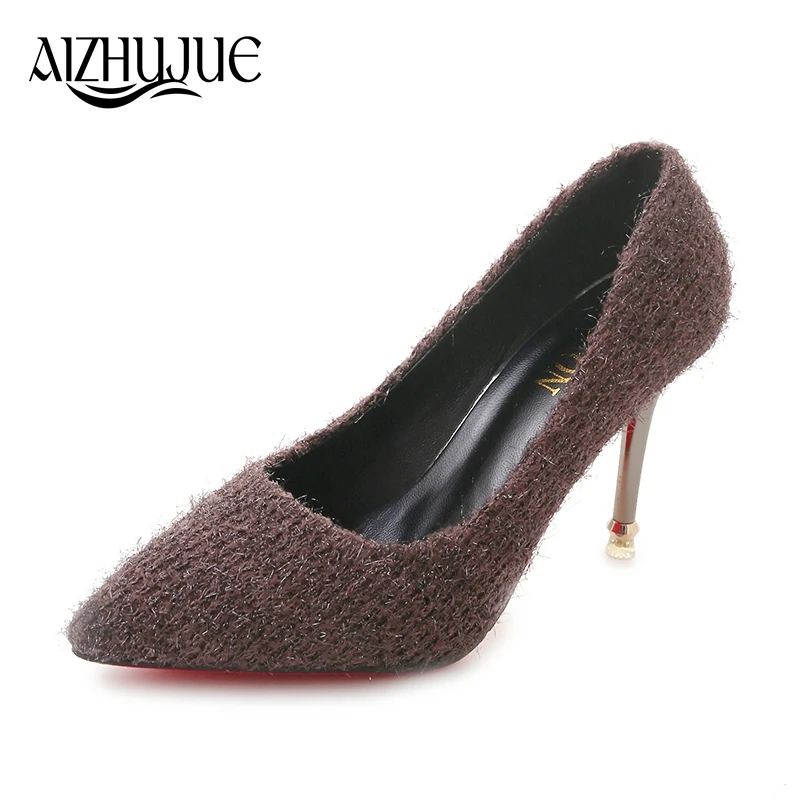 AIZHUJUE Women Pumps 2018 New Design Knitted Fabrics OL High Heels Dress Pump Middle Women's Shoes Fuchsia Black | Обувь
