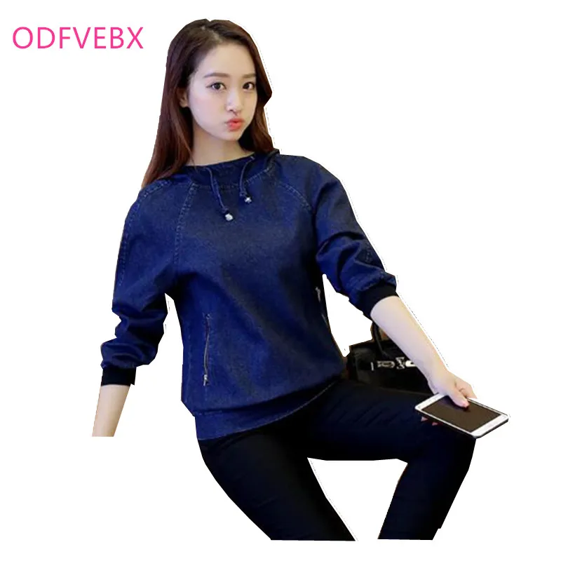 ODFVEBX 2018 New Spring and Summer Women Hoodies Sweatshirts Fashion Hooded Tops Casual Cowboy