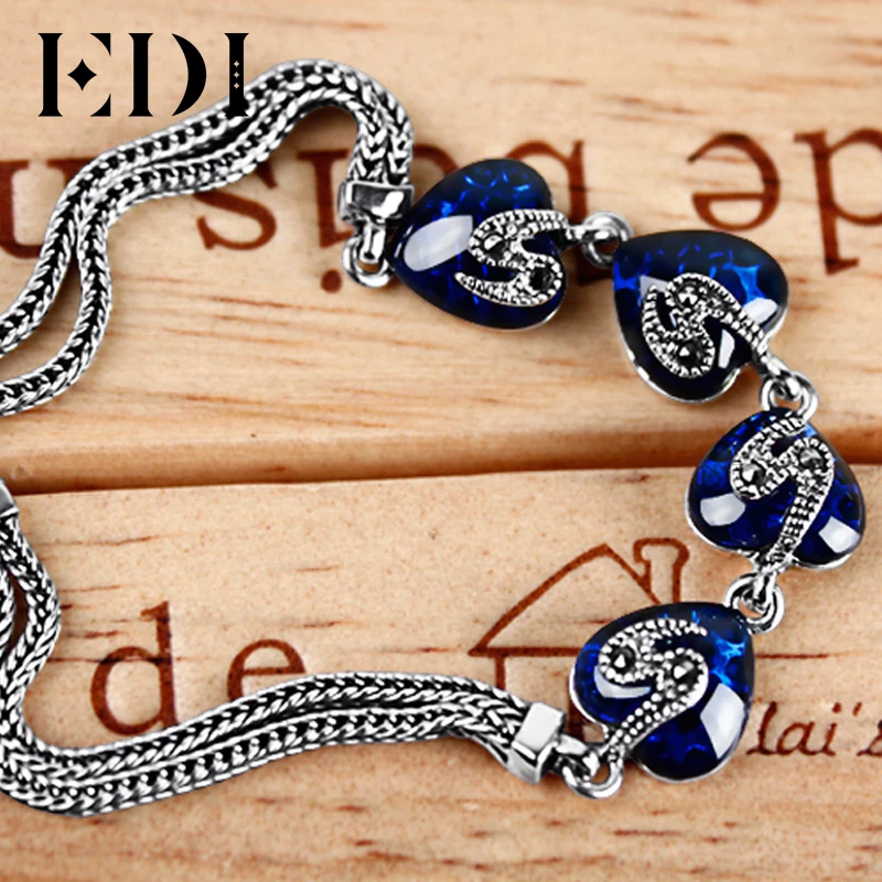EDI Vintage Thai Silver Design Simulated Sapphire Bracelets For Women Natural Style With 925 Sterling Silver Fine Jewelry