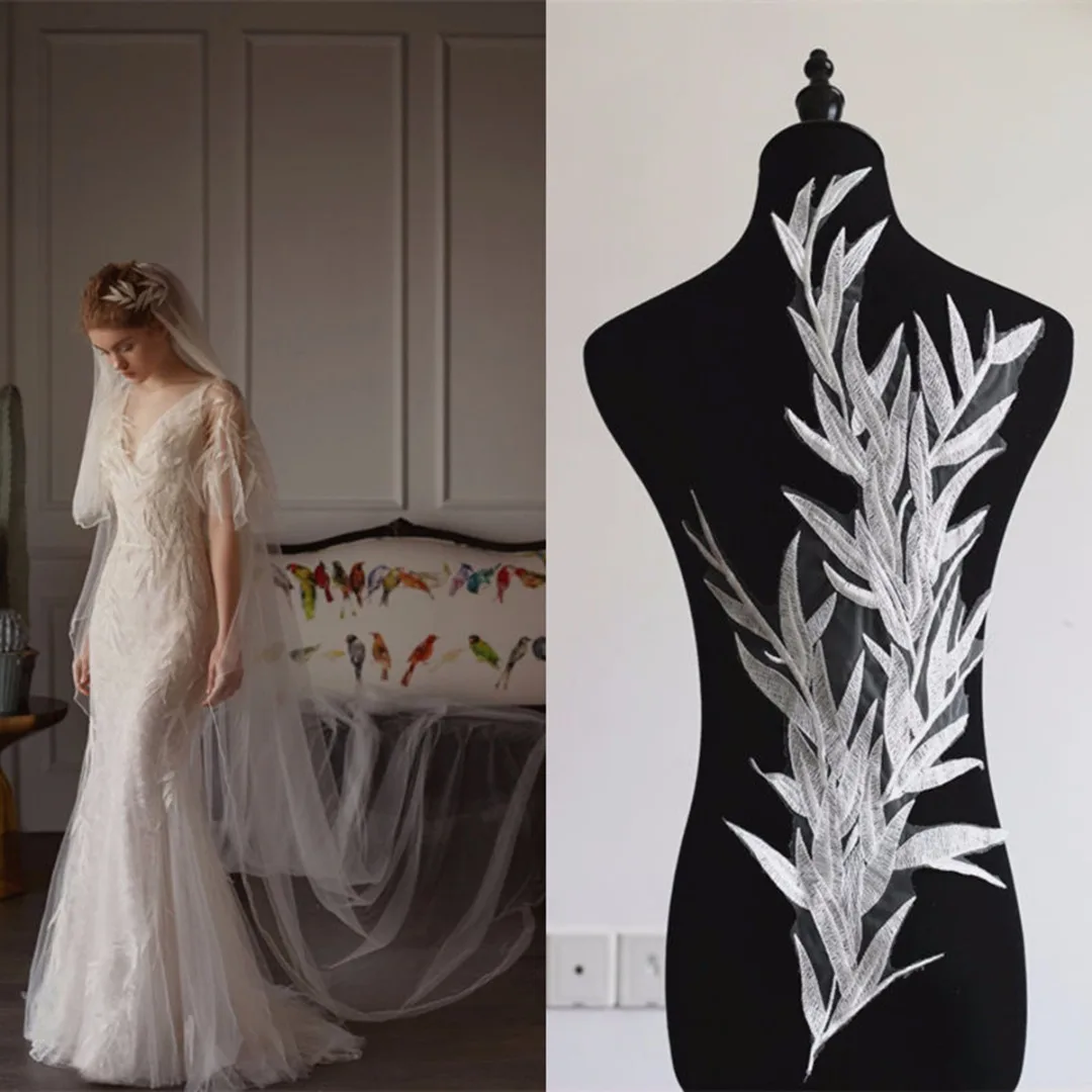 JX-LCLYL  New Large Leaf Embroidery Lace Applique Off White Back Bridal Tulle Motif Bamboo