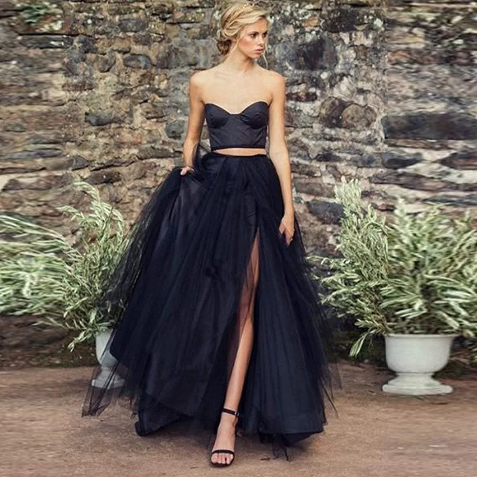 Economici Magico Nero Lungo Pannello Esterno di Tulle Chic Side Split Soffio di Tulle Maxi Pannelli Esterni del Tutu Delle Donne Drappeggiato Moda Femminile del Pannello Esterno Saia Jupe gonne