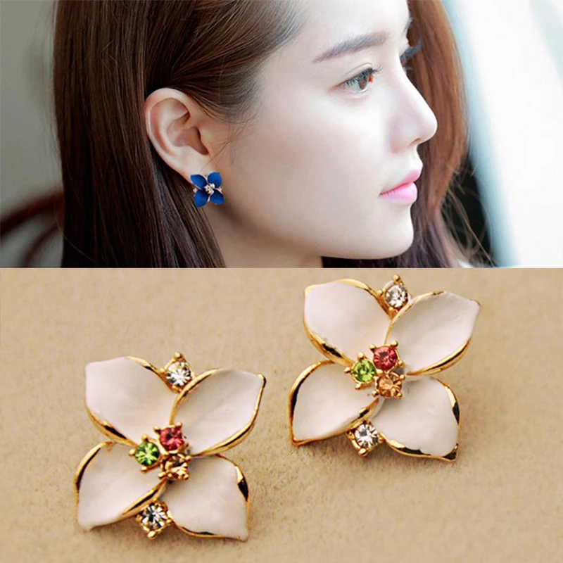 SexeMara Blue Black Pink Flower Stud Earrings Ladies Elegant Gold Rhinestone Pierced Brinco Women Jewelry Gift | Украшения и
