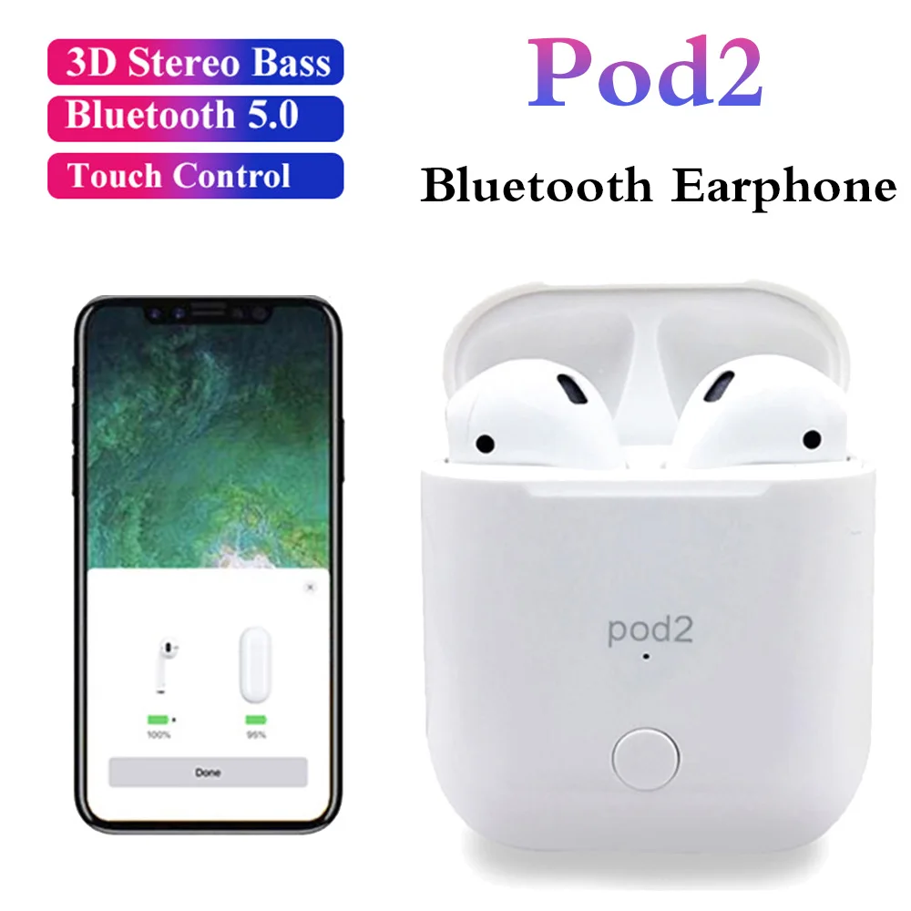 

Pod2 TWS Pop up Bluetooth 5.0 Earphone 1:1 Replica With Wireless Charging 4D Stereo Headset With Charging Box For Mobile Phone