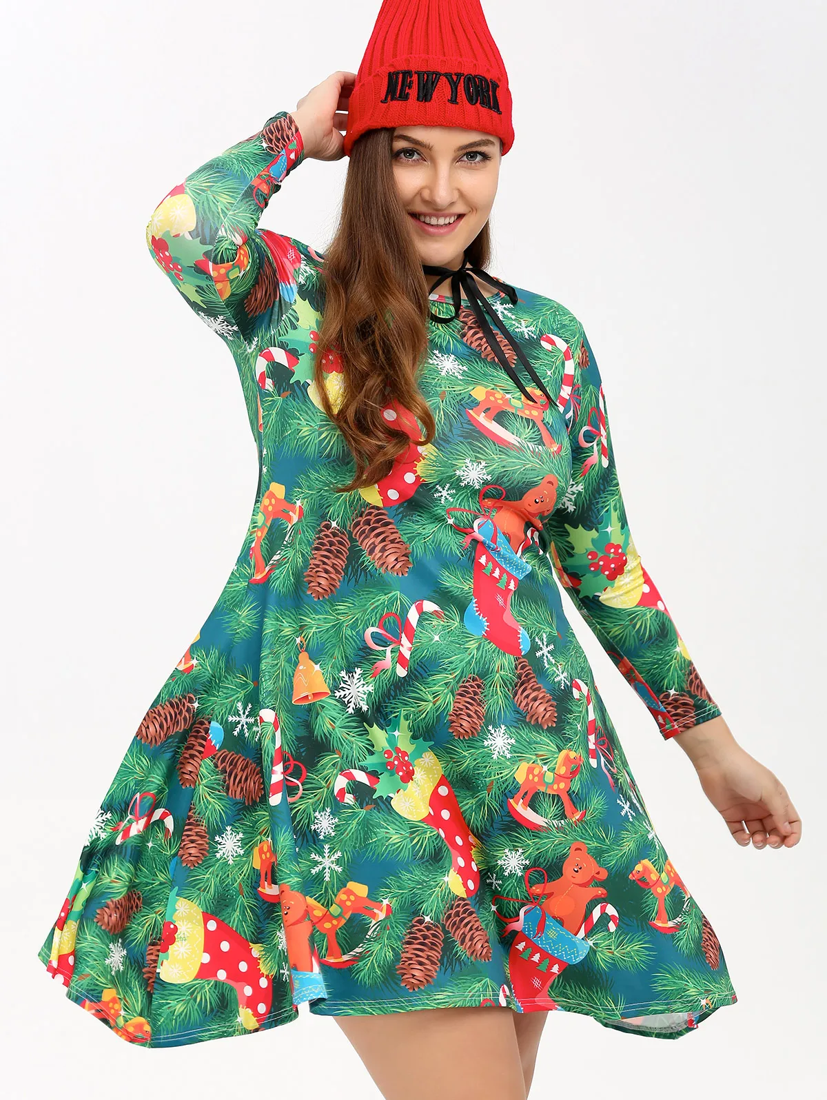 Gamiss Plus Size Christmas Tree Print Party Dress Women Mountains And Trees Print Party Dresses Christmas Dress 4XL