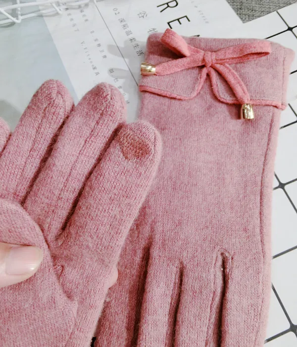 Корейский сенсорный экран Перчатки шерсть с бантом теплые вязаные женские весна зима Перчатки толстый розовый черный серый хаки красный прекрасный варежки - Цвет: pink