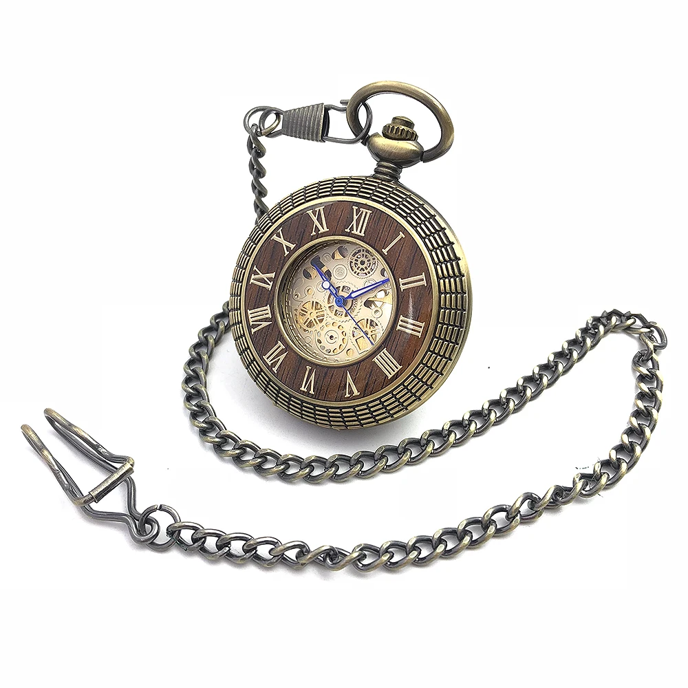 

Double Roman Number Bronze Tone Hollow Case Hand Wind Mens Mechanical Pocket Watch w/Chain Fob Watch Reloj De Bolsillo New