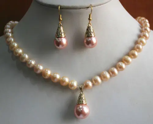 

Fast shipping 07585 Yellow Shell Pear Necklace Pink Hook Earring Jewelry Set (A0424)