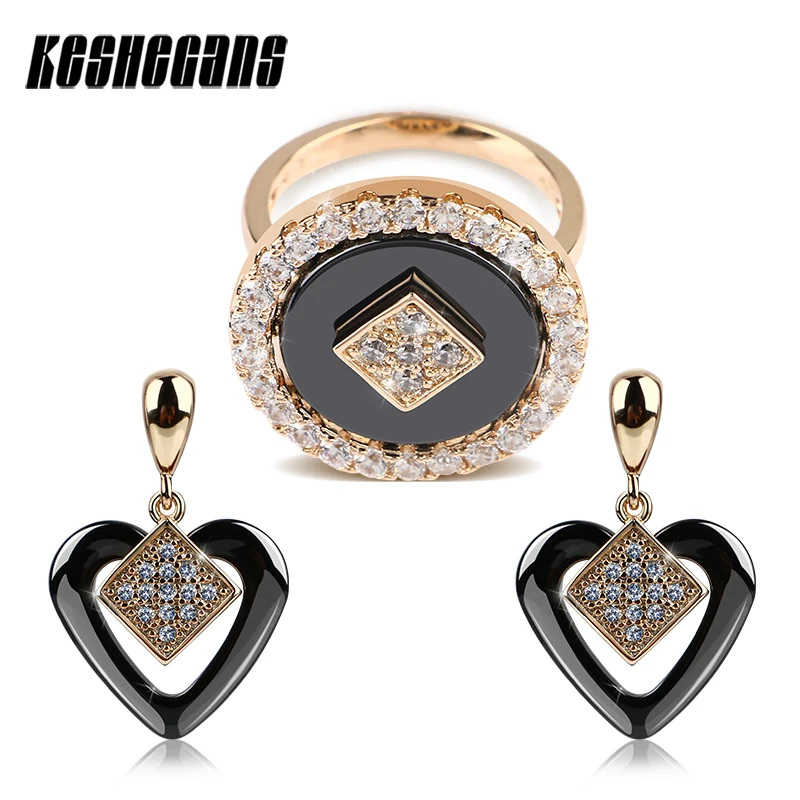 

Vintage Rose Gold Ceramic Jewelry Set Big Round Rings And Black Ceramic Heart Shaped Crystal Drop Earrings Women Wedding Jewelry