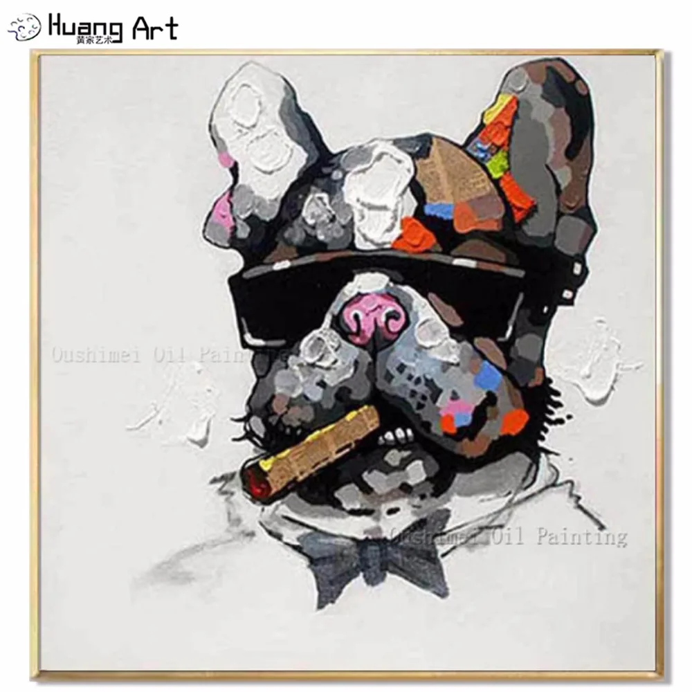 

Professional Artist Handmade Modern Picture Smoking Bull Dog Oil Painting On Canvas Funny Bulldog Oil Picture For Wall Decor