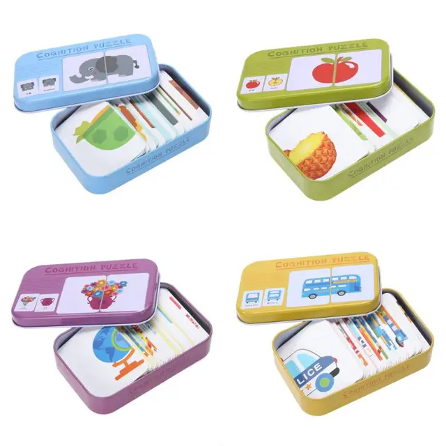 Baby Kids Cognition Puzzles Toys Toddler Iron Box Cards Matching Game Cognitive Cards Vehicl Fruit Animal Life Sets Pair Puzzles 1