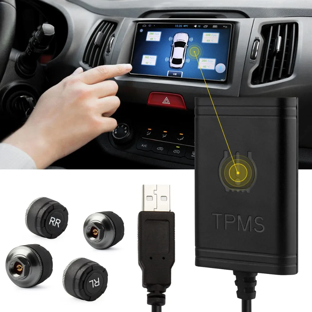 TPMS Tire Pressure Alarm System With 4 External Sensors For Android DVD Player Car Tire Alarm Monitor System DVD USB TPMS SF518