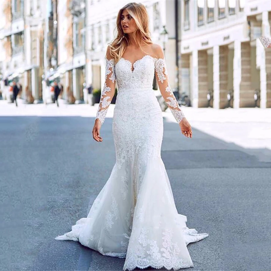 

Exquisite Lace Mermaid Wedding Dresses Off The Shoulder Long Sleeves Bridal Gowns Appliqued Fashion Illusion Wedding Dresses