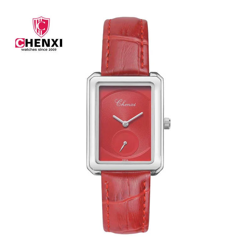 CHENXI Red Women Watch Minimalism Elegant Square Silver Leather Lady