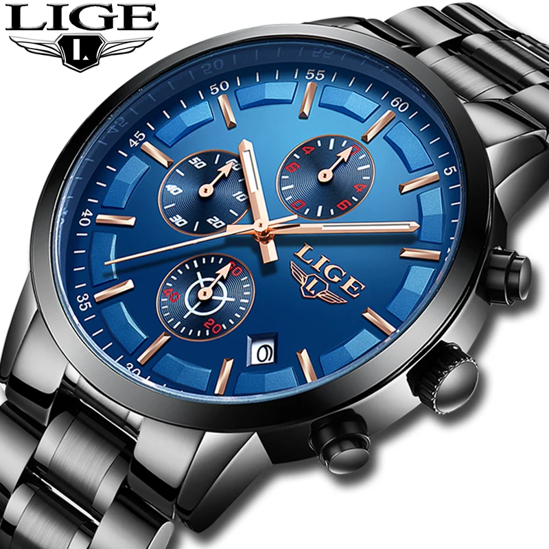 

LIGE Fashion Watches Mens Top Brand Luxury Full Stainless Steel Waterproof Date Business Sports Quartz Watch Relogio Masculino