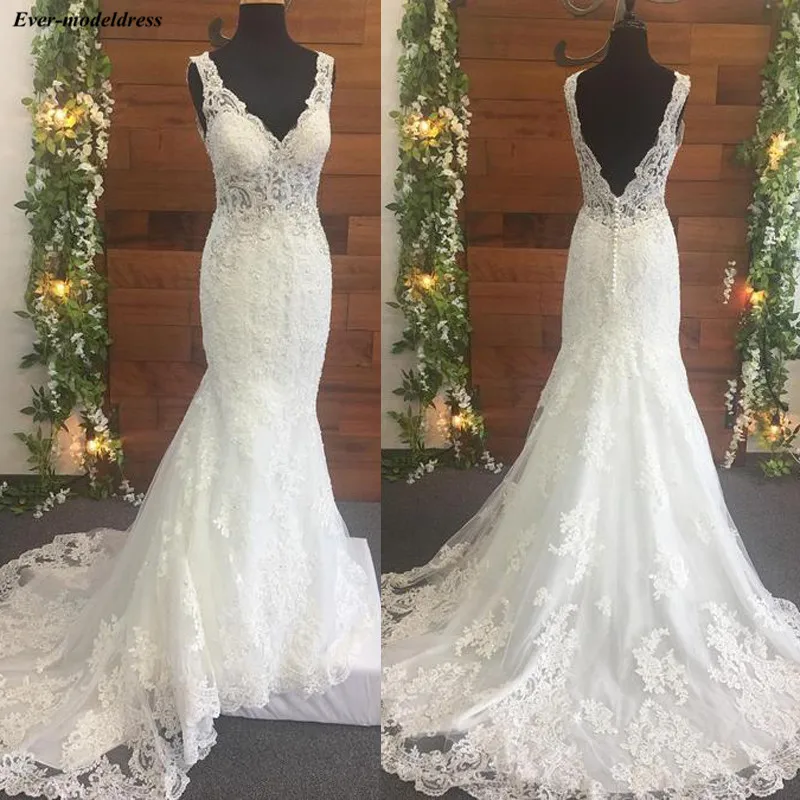 Preise Meerjungfrau Hochzeit Kleider 2020 Open Back V ausschnitt Spitze Appliques Perlen Sweep Zug Illusion Top Sexy Brautkleider Robe De Mariee