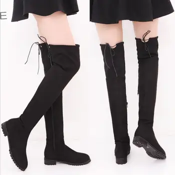 

SLHJC Women Long Boots Low Square Heel Round Toe Side Zip Above Over The Knee Spring Autumn Boots Shoes Plus Size