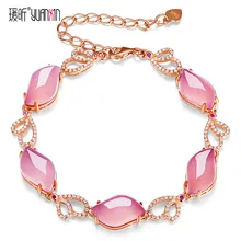 Famosa marca natural piedras semipreciosas Calcedonia Rosa oro pulseras mujeres joyas novia regalo