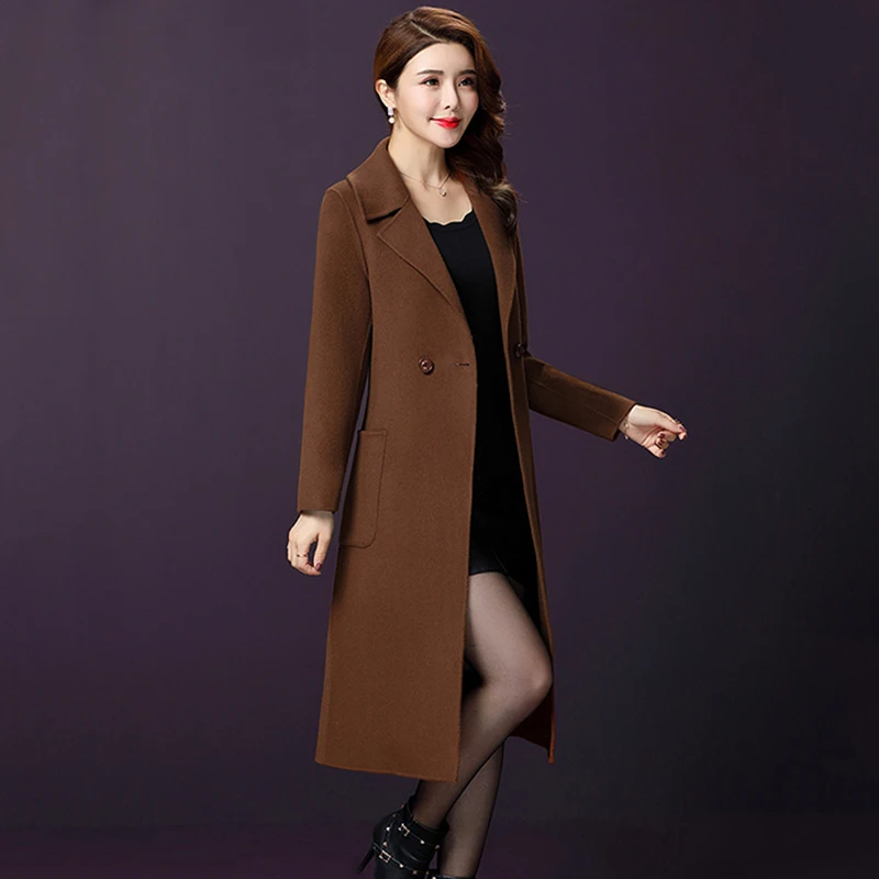 4XL Plus Size Autumn Woolen Jacket Women 2018 New Lapel Double-Breasted X-Long Outerwear Long Sleeve Slim Wool Coat Female