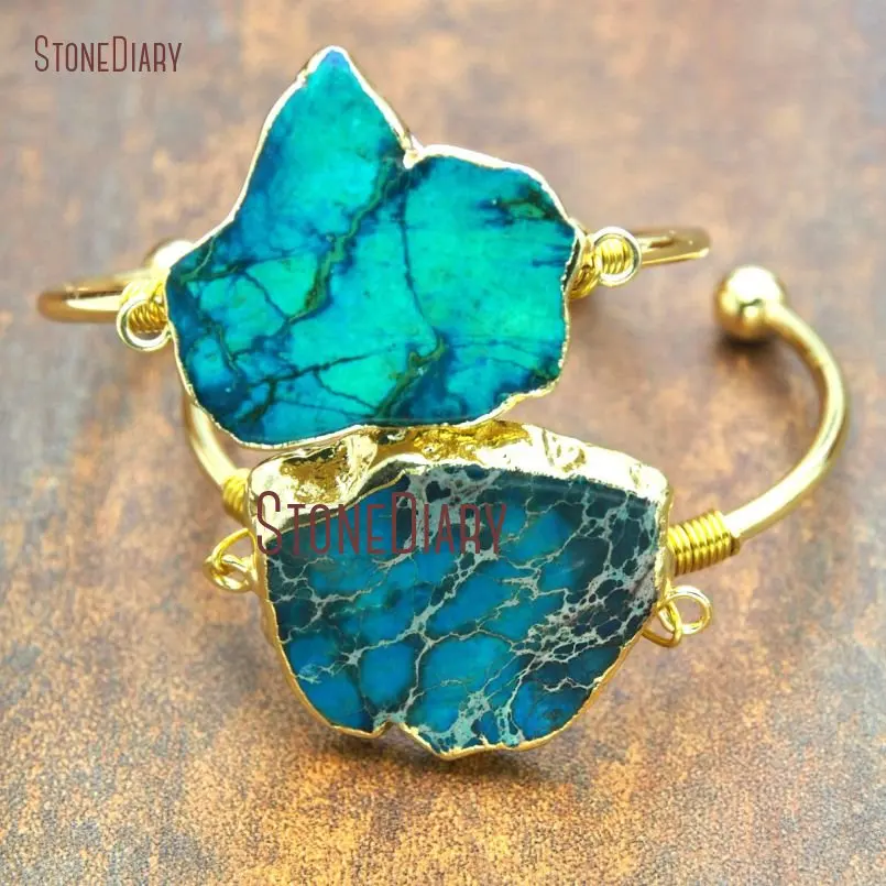 

10Pcs Latest Wire Wrap Gold Plating Free Form Bangle Blue Green Imperial Jaspers Bangle For Less Adjustable BM14988