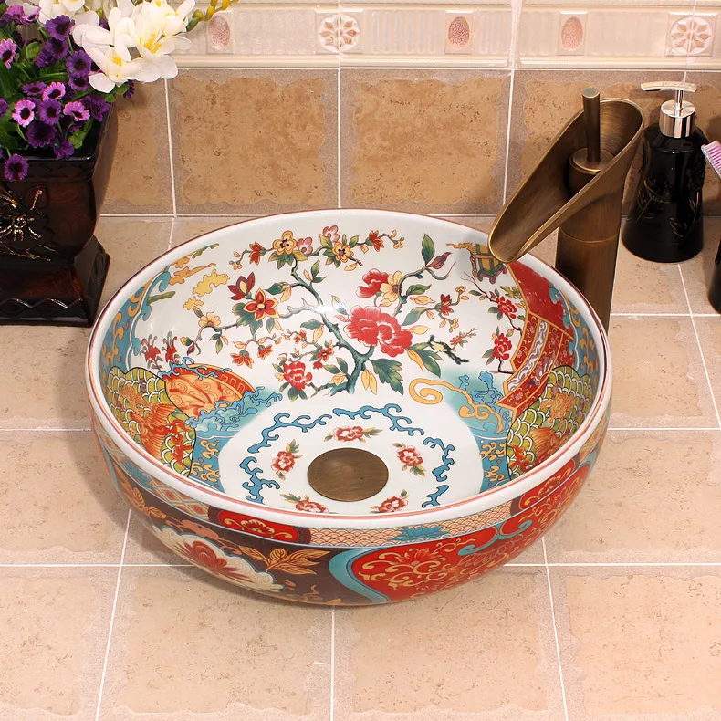 Antique flower and bird Handmade Europe Style Lavobo Ceramic Bathroom Luxurious Artistic Bathroom Sink Countertop bathroom wash basin (6)