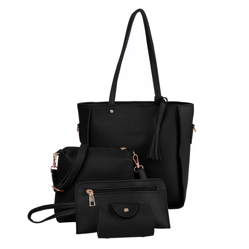 3Pcs/Set Bags For Women Handbag PU Leather Shoulder Bags Casual Tote Tassel Top Handle Designer Bag Composite Messenger Bag - Цвет: 2-0001black thiner