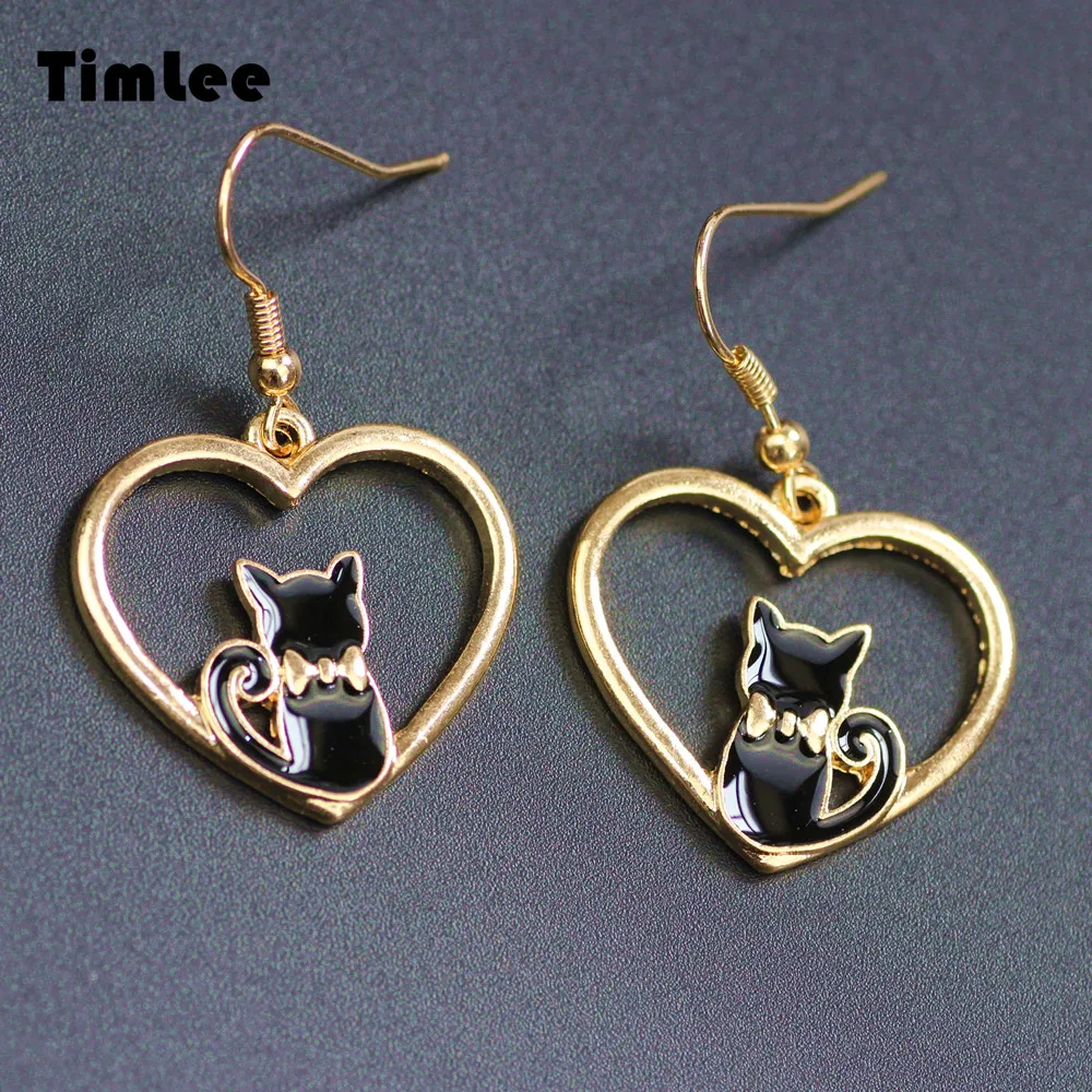 

Timlee E018 Free shipping,Lovely Heart Kitty Contracted Enamel Cat Dangle Earrings Wholesale