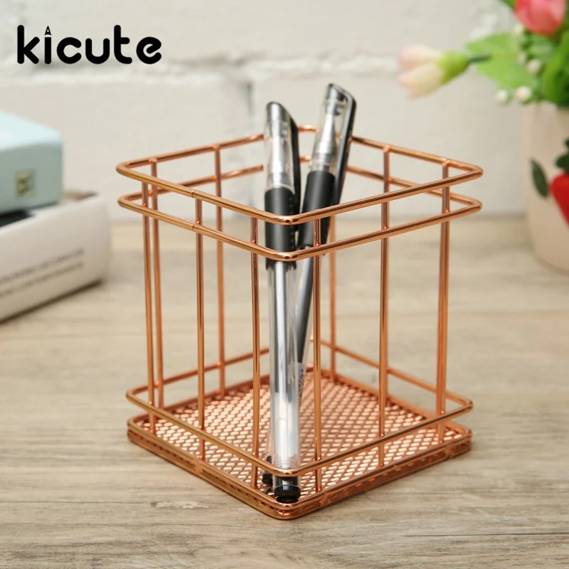 

Kicute 1pcs Rose Gold Iron Mesh Metal Square Pen Holder Container Stationery Fittings Office School Supplies Gifts 9X9X9.5cm