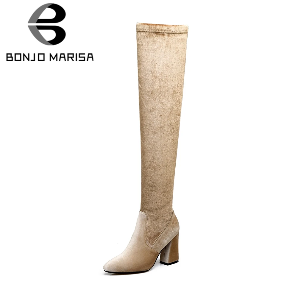 

BONJOMARISA 2019 Autumn Plus Size 33-46 Quality Velvet Women Over Knee Thigh High Boots Women High Heels Shoes Woman