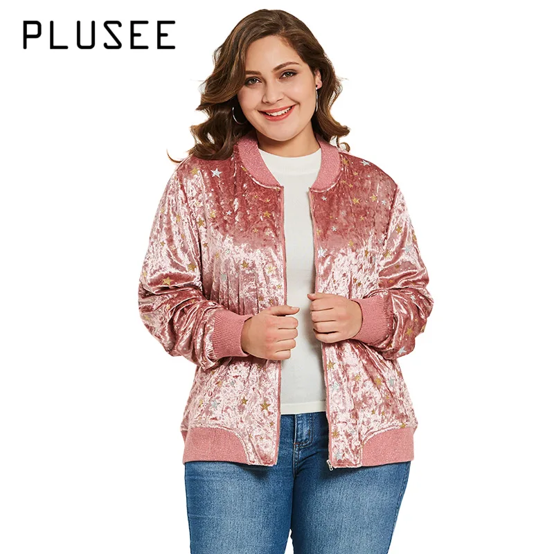 

Plusee New Women Plus Size Pleuche Jacket Autumn Winter Star Pattern Long Sleeve Zipper Pink Coat 4XL Over Size jaqueta feminina