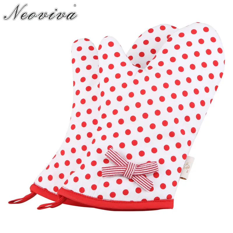 

Neoviva Stylish Oven Mitts for Children with Bow Knot Set of 2 Emma Polka Dots Cherry Tomato Mittens and Potholders Microwaves