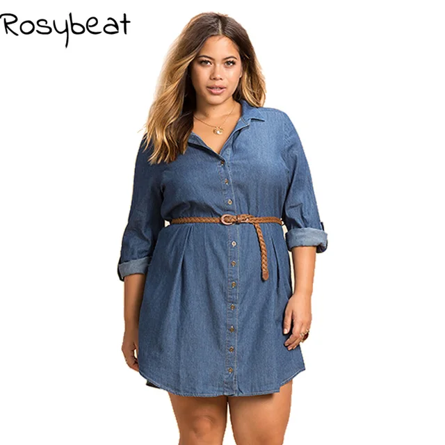 denim dress plus size women 2017 summer dresses long sleeve turn denim shirt dress plus size