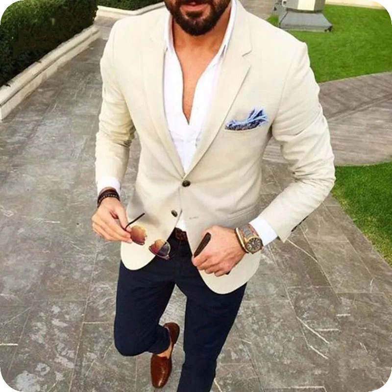 Traje de lino Beige a medida para hombre, traje clásico ajustado para  novio, traje de 2 piezas, ropa informal para graduación, pantalones negros| Trajes| - AliExpress