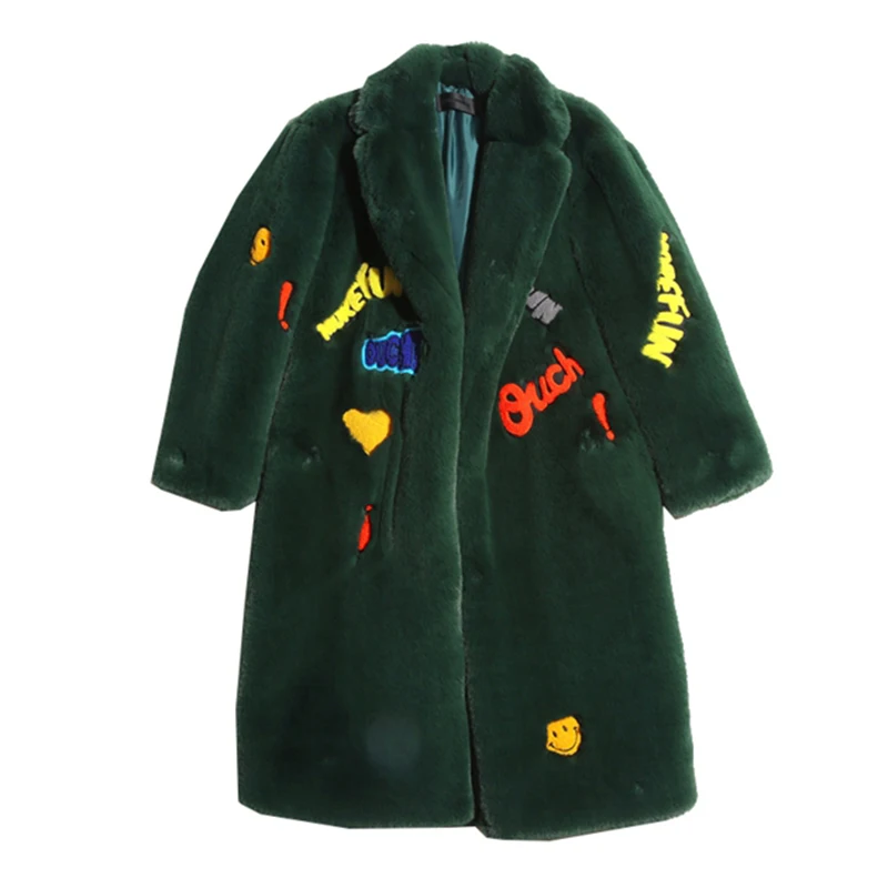 New fashion Long Warm Winter Faux Fur Coat Ladies long sleeve Army Green Yellow Embroidery Letter Outwear Female coat