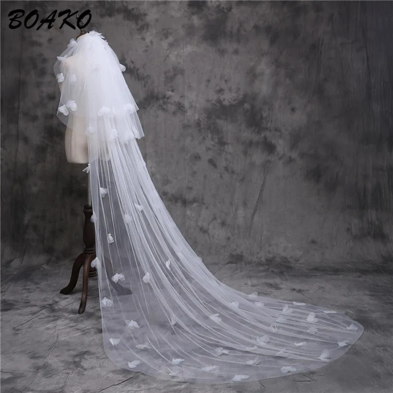 BOAKO 3 Meters Three Layer Tulle Long Wedding Veil White 3M Cut Edge Bridal Veil with Embroidered Flower Petals Velos De Novia