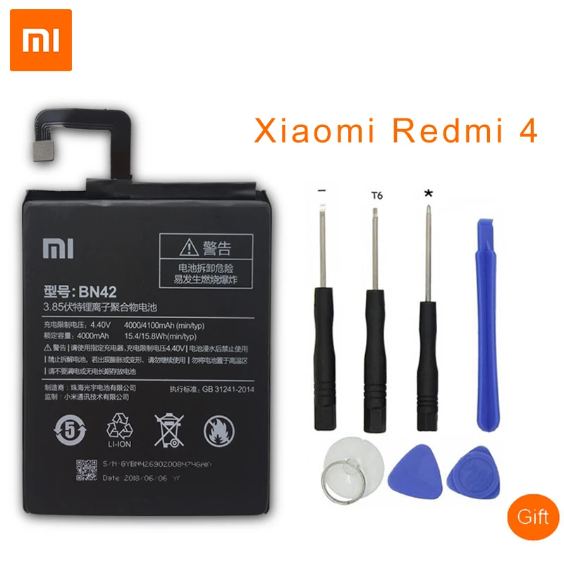 

Xiao Mi Original Phone Battery BN42 For Xiaomi Redmi 4 High Quality 4000mAh Replacement Batterie +Tools