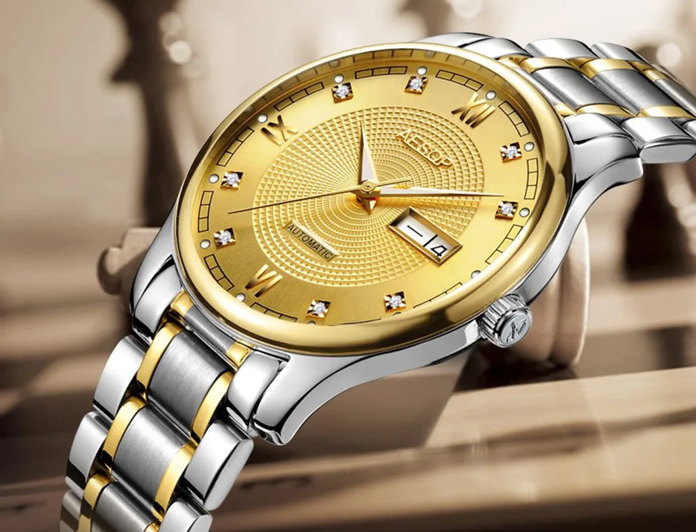 

Aesop Business Watch Day Date Luminous Automatic Machine Wristwatch Transparent Back Retro Roman Numerals Dial Diamond Watches