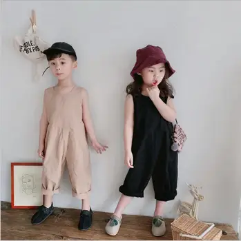 

2019 New Girls Boys Cotton Linen Overalls Fashion Spring Summer Kids Long Pants 2-7t PF554