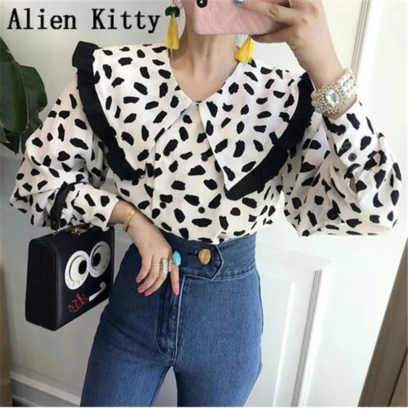 Alien Kitty, Модные осенние повседневные рубашки, женская тонкая Свободная рубашка в горошек, Женская рабочая одежда, топ, сексуальный, высокое качество, милая, универсальная, простая
