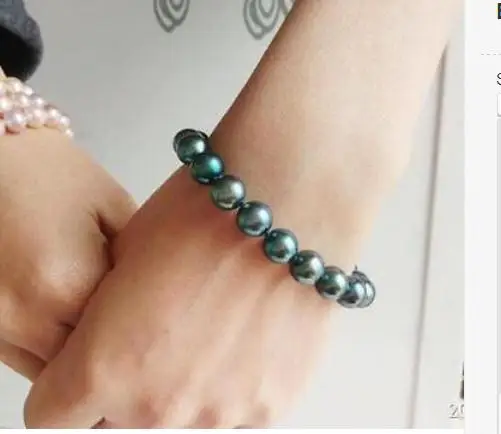 

stunning 10-11mm tahitianr ound black green pearl bracelet 7.5-8"925s
