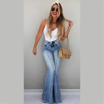 

New Sexy Solid Flare Leg Wide Leg Denim Jeans Bodycon Office Lady High Waist Flared Pants Push Up Hip Full Length Flare Trousers
