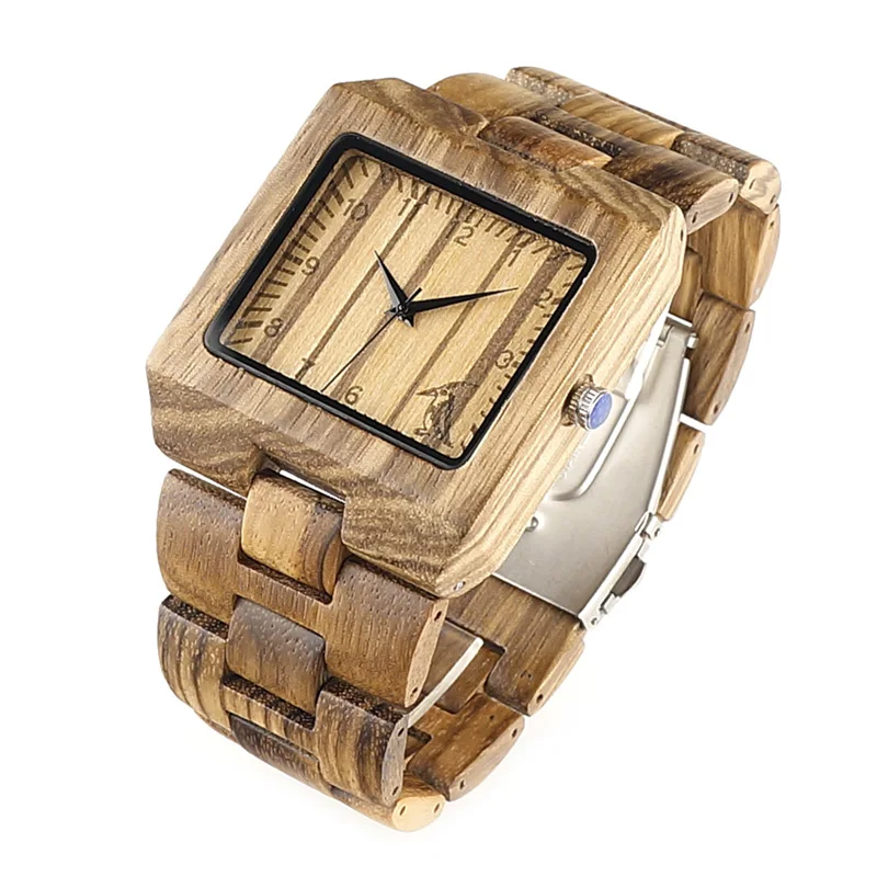 BOBO BIRD Rectangle Zebra Mens Wooden Wrist Watch Top Brand Luxury Quartz Watches with Full Wooden Band in Gift Box