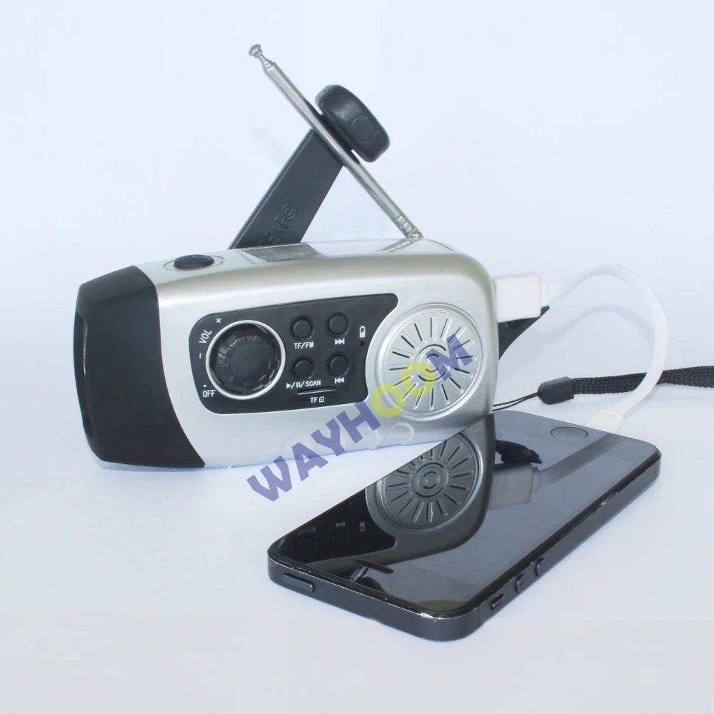 

Hand Crank LED Flashlight Outdoor Phone Charger 2000mah TF Card / FM Raido Solar radio Manual Electricity hand crank generator