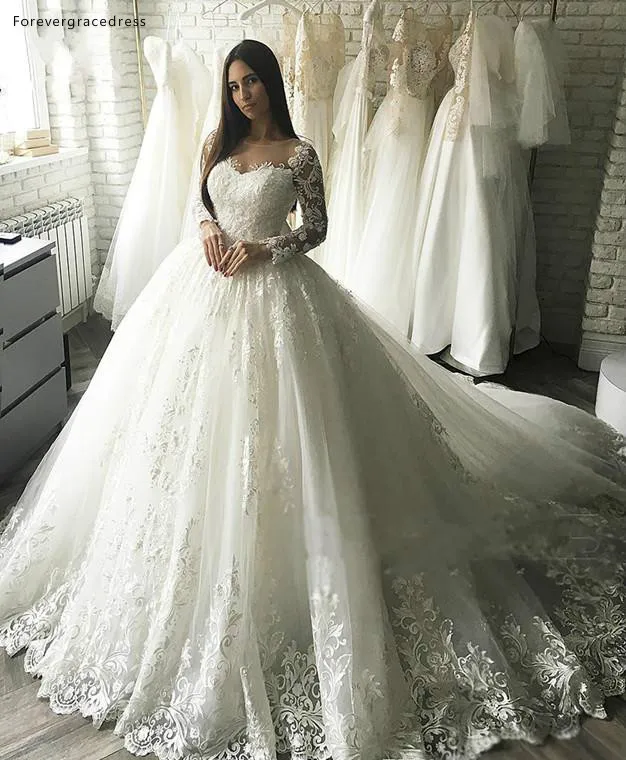 2019 Modest New Arrival Ball Gown Wedding Dresses Lace Appliqued Long Sleeve Sheer Back With Button Covered Belt Long Dubai Arabic Gowns  195 (3)