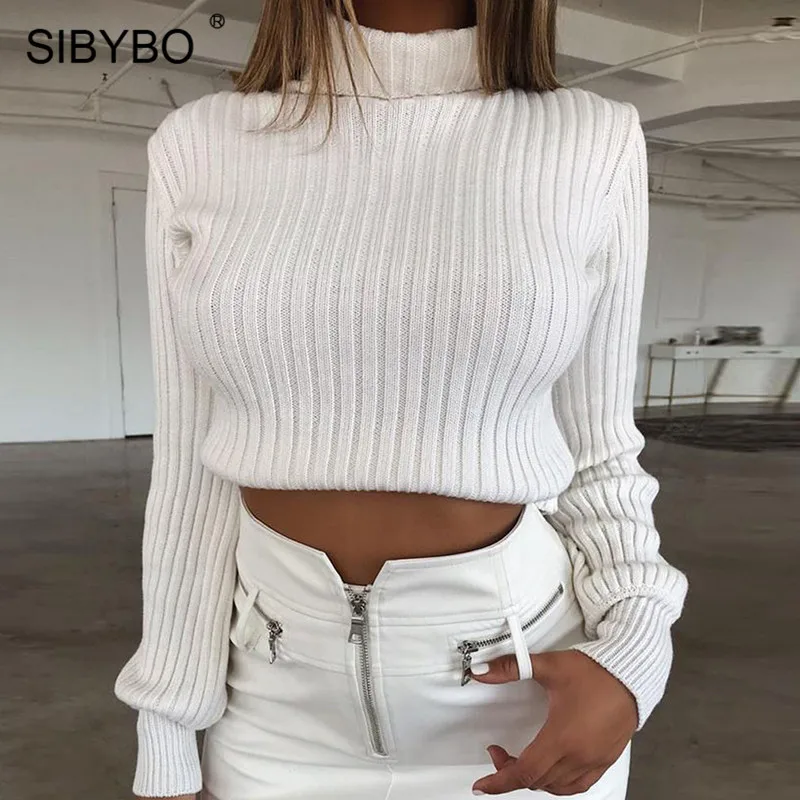 Sibybo الياقة المدورة محبوك القطن سترة المرأة الخريف طويلة الأكمام ضئيلة قصيرة النساء أعلى عارضة النساء البلوزات و البلوفرات