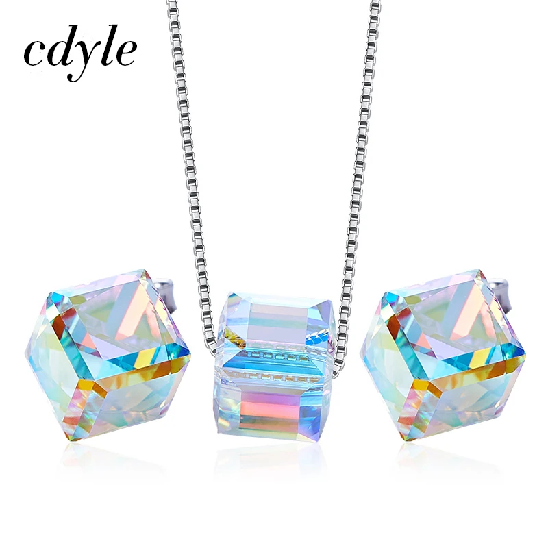 

Cdyle Crystals from Swarovski Cube Necklace Earrings 925 Sterling Silver Choker Jewelry Set Collares Lovers Valentine's Day Gift