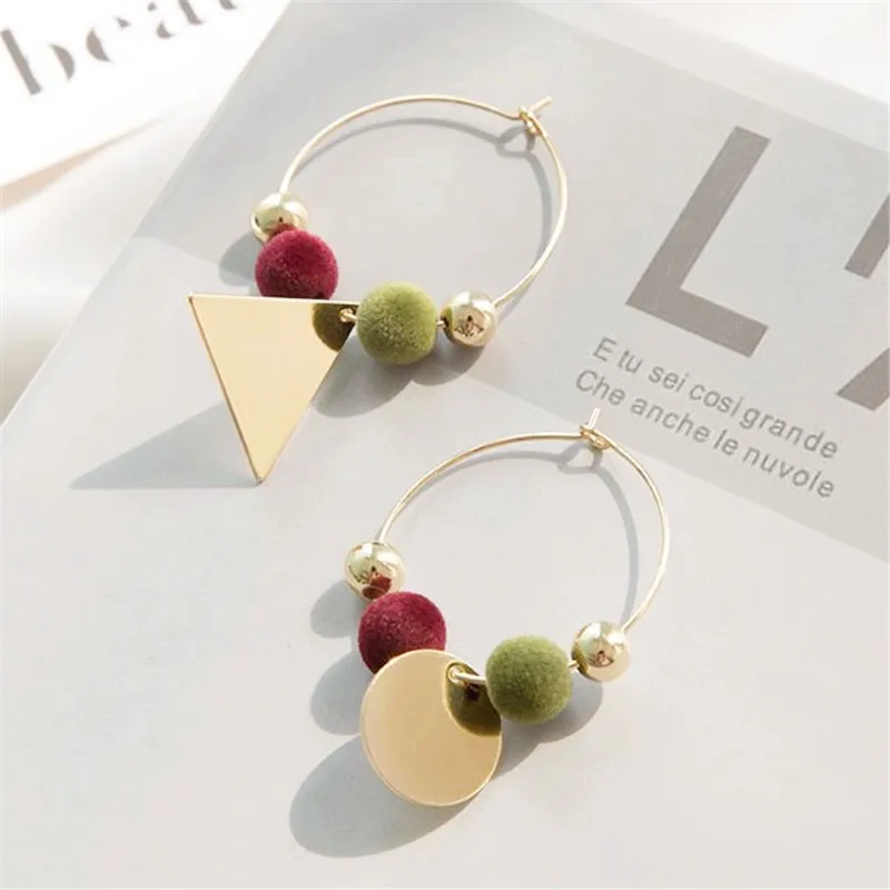 

2017 fashion style of geometric asymmetric pendant earrings and colorful Pom Pom for women's ears round Pendientes Brincos