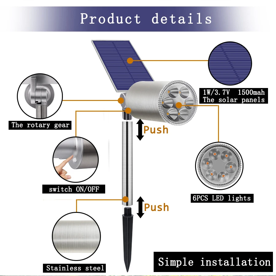 Солнечный светильник s Открытый Солнечный Точечный светильник s 6 светодиодный регулируемый садовый светильник ландшафтный светильник ing для двора дорога, тропа