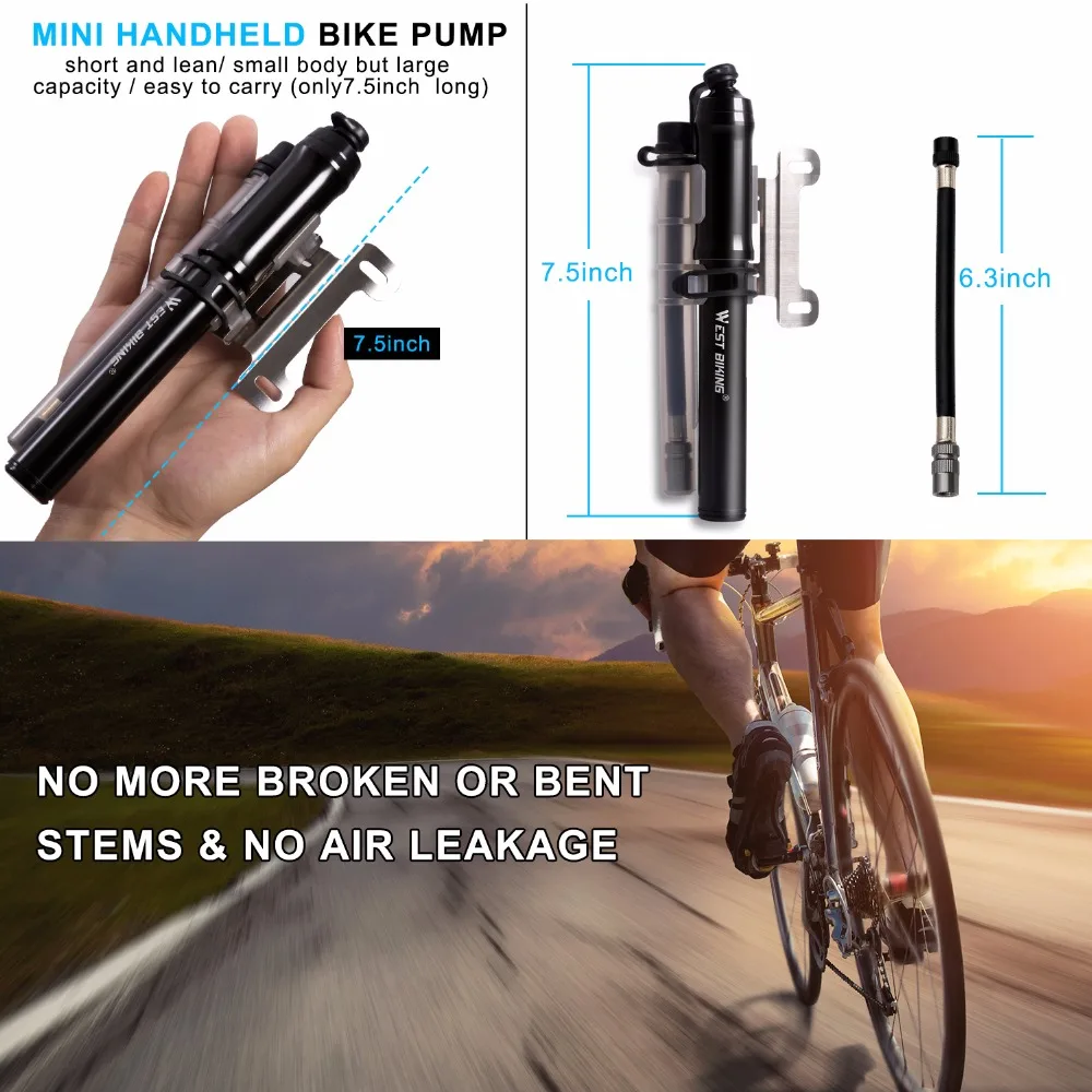 WEST BIKING мини-насос для велосипеда 260 фунтов/кв. дюйм, ручной насос высокого давления, воздушный насос для горного велосипеда, велосипедный Портативный Сверхлегкий велосипедный насос