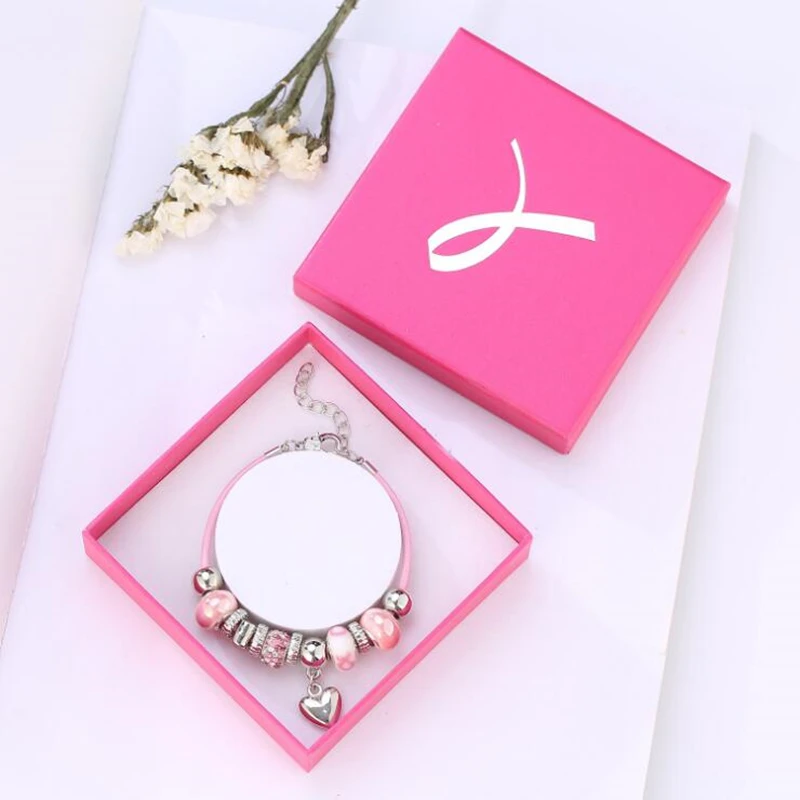 

PBR110, Breast Cancer Awareness Enamel Pink Ribbon Crystal Beaded Heart Pendents Leather Chain Bracelet Jewelry For Women