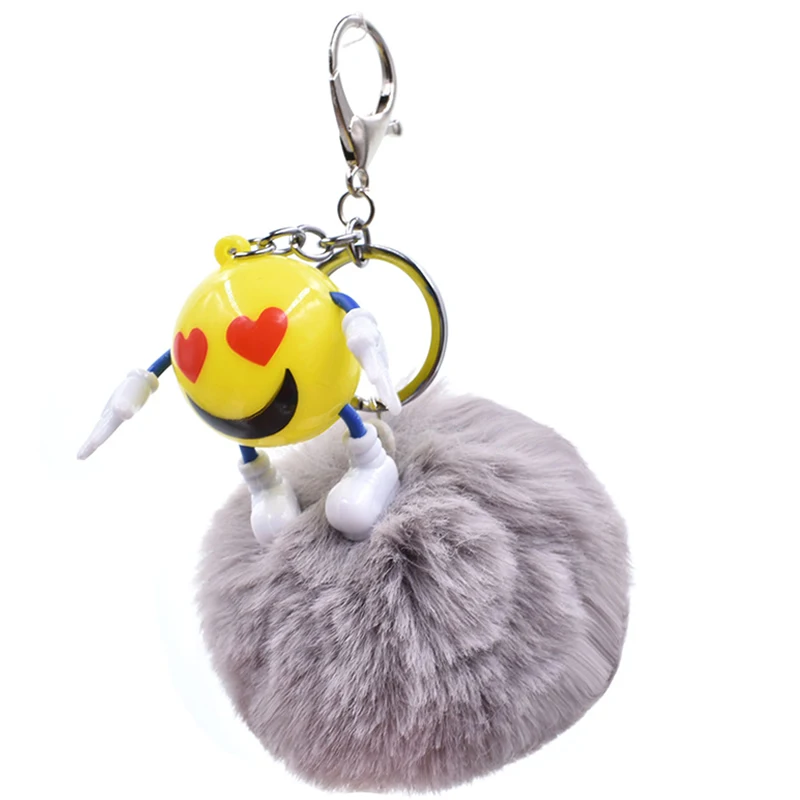 

DIYCute Expression KeyChain Cartoon Smiling Face Fur Bal Key Chain Pompom Artificial Rabbit Fur Animal For Woman Car Bag Keyring
